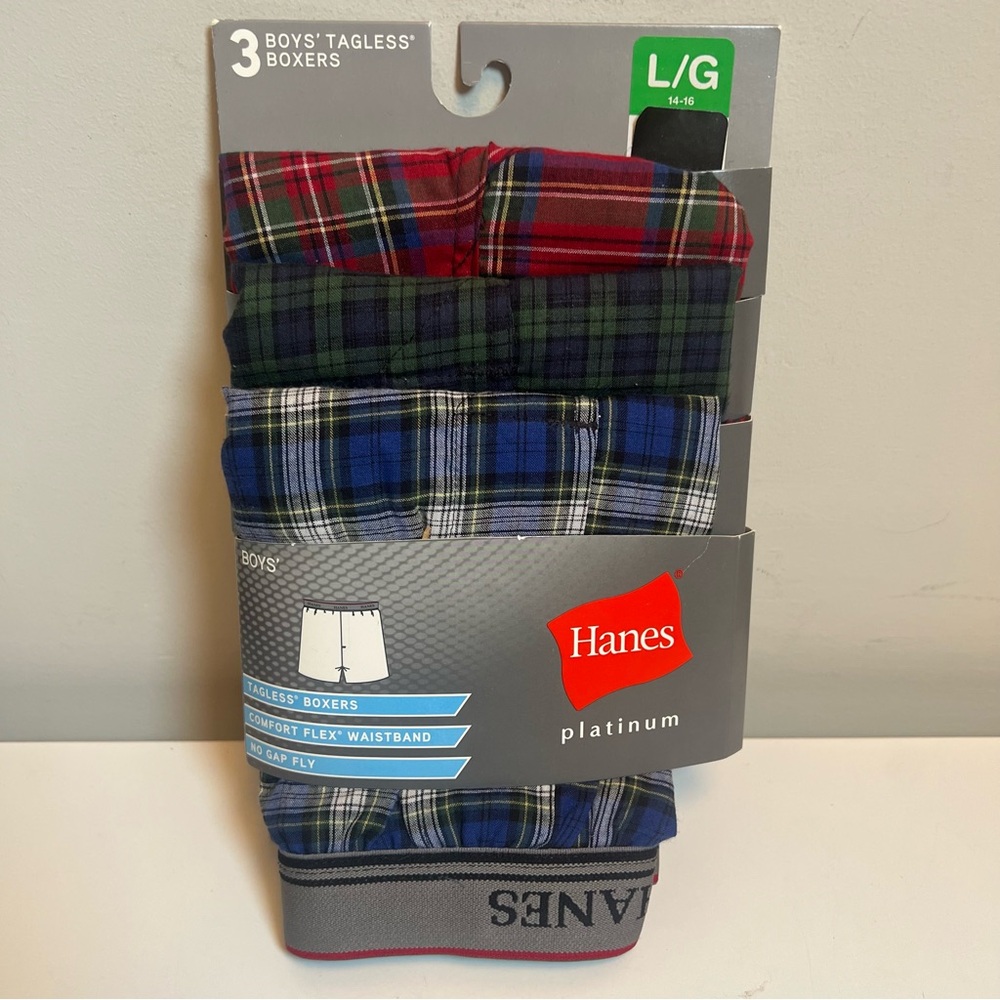 Hanes Boys' Tagless Boxers - Plaid Red, Blue, and Gray